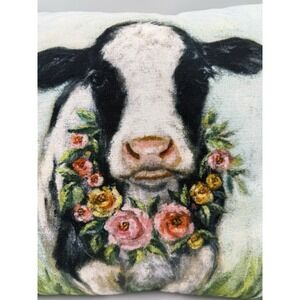 Primitives By Kathy Cow Pilllow With Floral Wreath 16X16